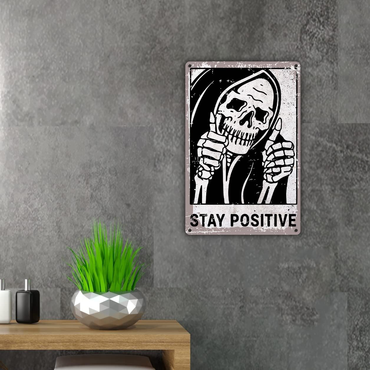 Inspirational Skull Quote Metal Tin Sign Wall Decor Retro Stay Positive Signs with for Home Living Room Bedroom Decor Gifts