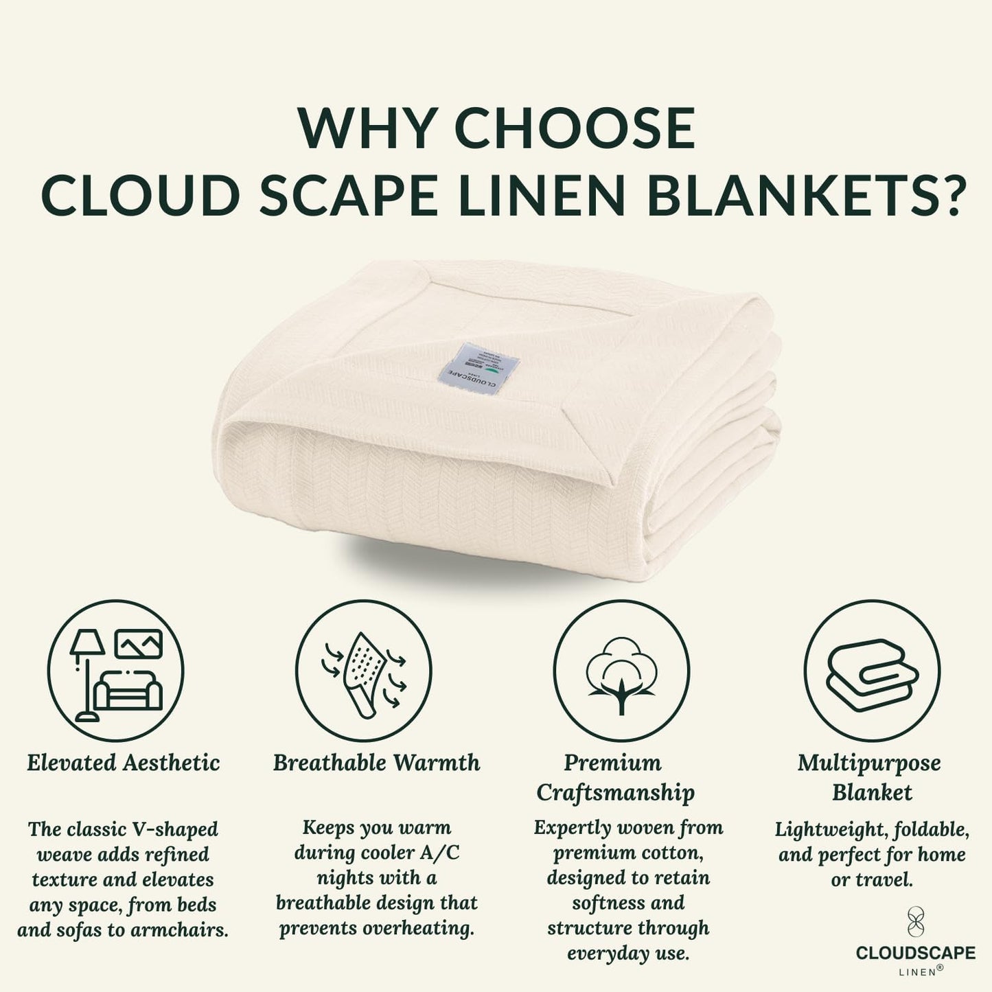 Cloud Scape Linen Herringbone Cotton Throw Blanket for Couch, Bed,Sofa, Home Decor, Soft, Lightweight, All-Season Bed Blanket, 50 x 70, Ivory