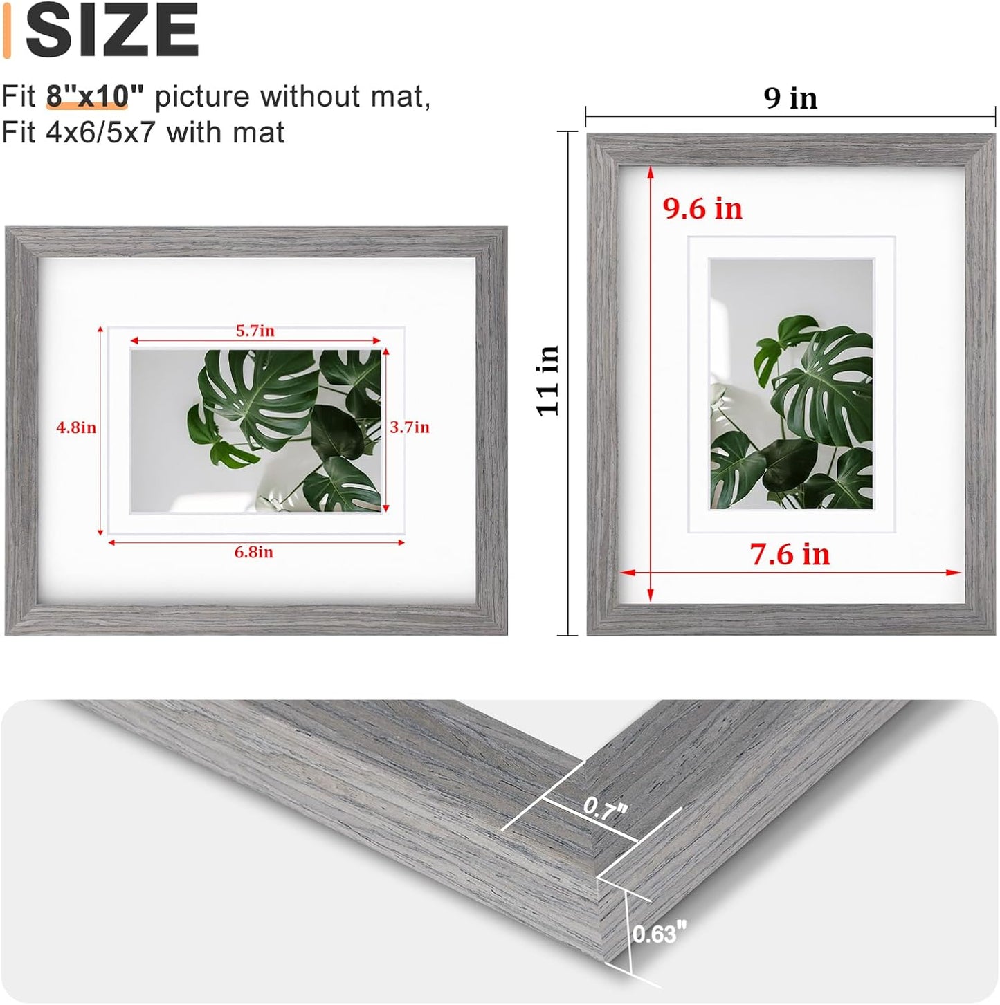 Egofine 8x10 Picture Frames Set of 4, Made of Solid Wood Covered by Plexiglass 4x6 and 5x7 with Mat or 8x10 without Mat, for Table Top Display and Wall Mounting Photo Frame Light Grey
