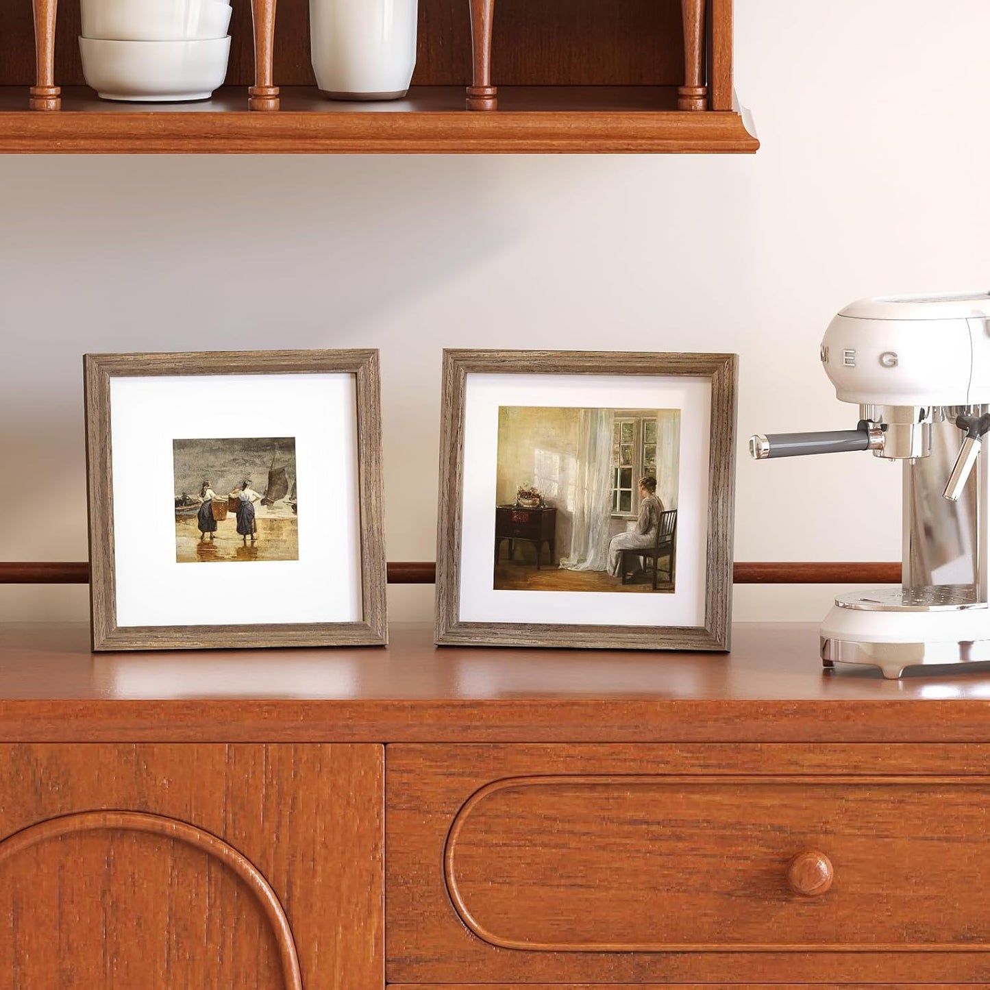 KINLINK 8x8 Picture Frame, Brown Square Solid Wood Frames for Pictures 4x4 and 6x6 with Mat or 8x8 without Mat, Wall and Tabletop Display Photo Frames Brown Wood 4 Pack