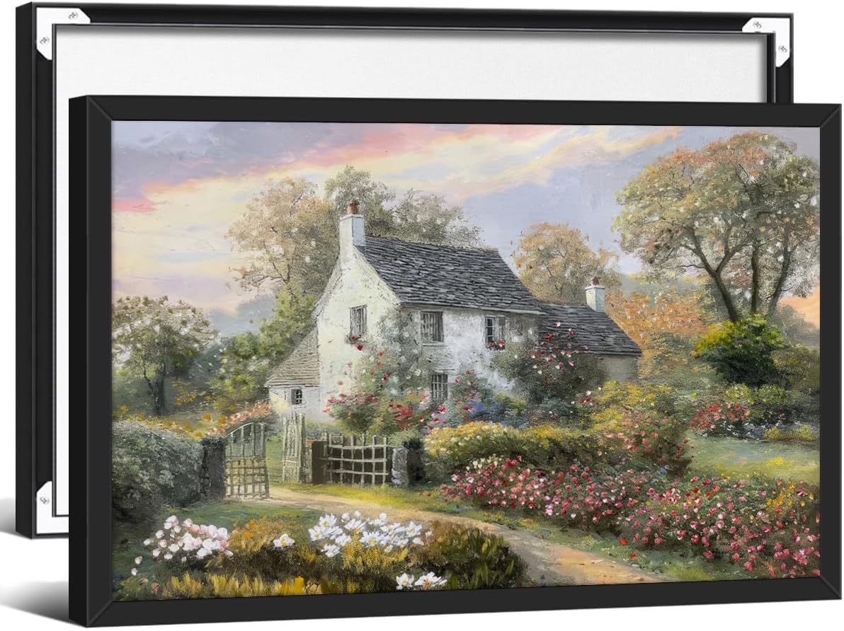 French Country Oil Painting Wall Art Farmhouse Cottage Garden Posters 16x24 inch Black Framed Classical Vintage Nature Landscape Prints for Living Room Bedroom Wall Decor