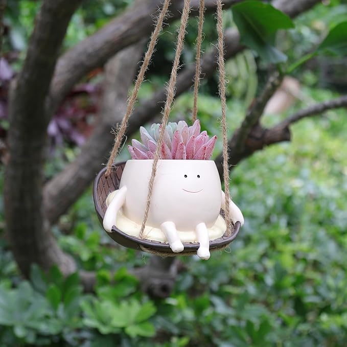 bestbear Hanging Swing Chair Planter Pot Resin Smiley Face Planter for Indoor Outdoor Plant Cute Head Flower Pots for String of Pearls Plant Live Unique IdeaI for Mother Day, Christmas (Small)