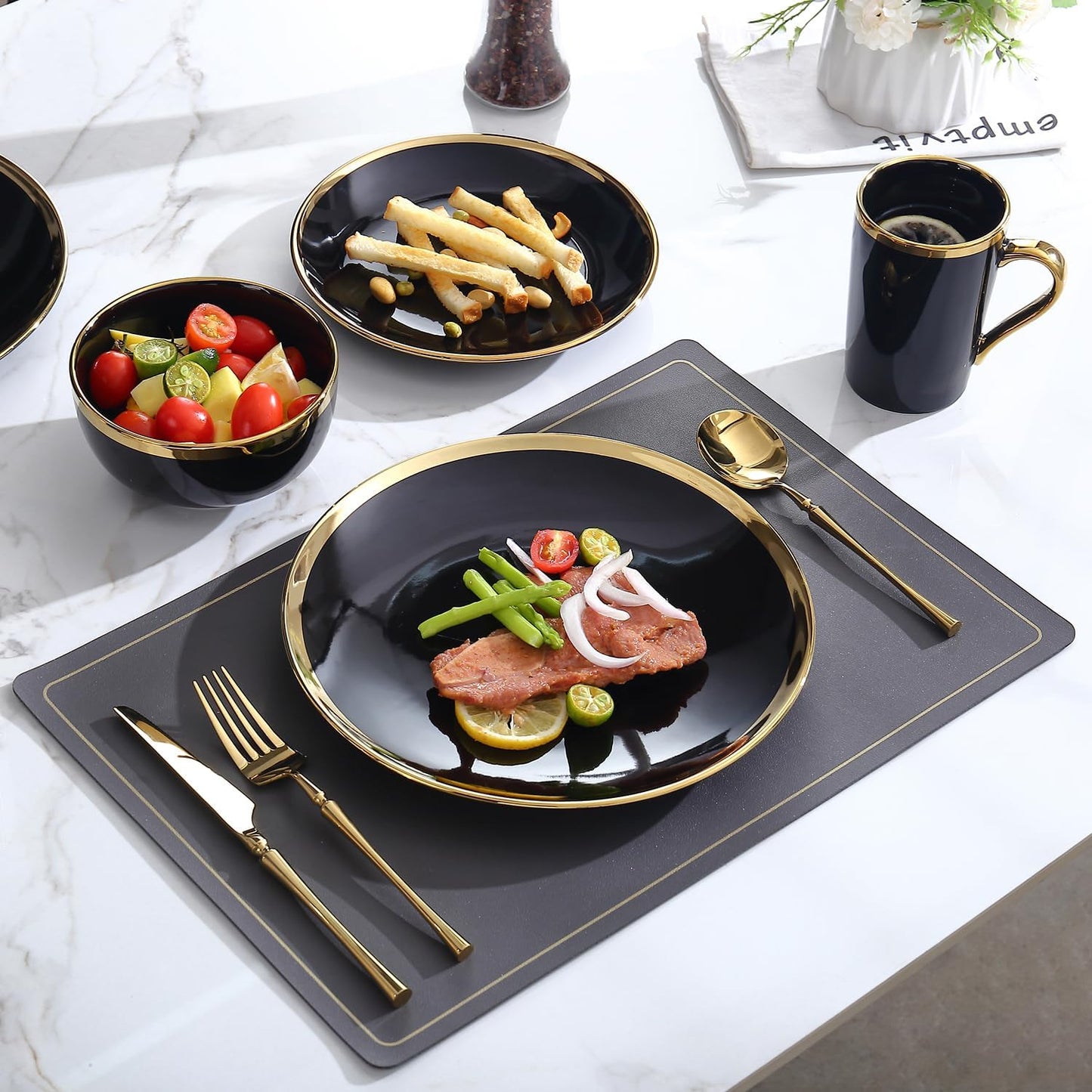 Dinner Plates, Set of 6, 8 inch, Black Porcelain with Gold Trim, Small Plates, Black Ceramic Plates, Ideal for Desserts and Appetizers.