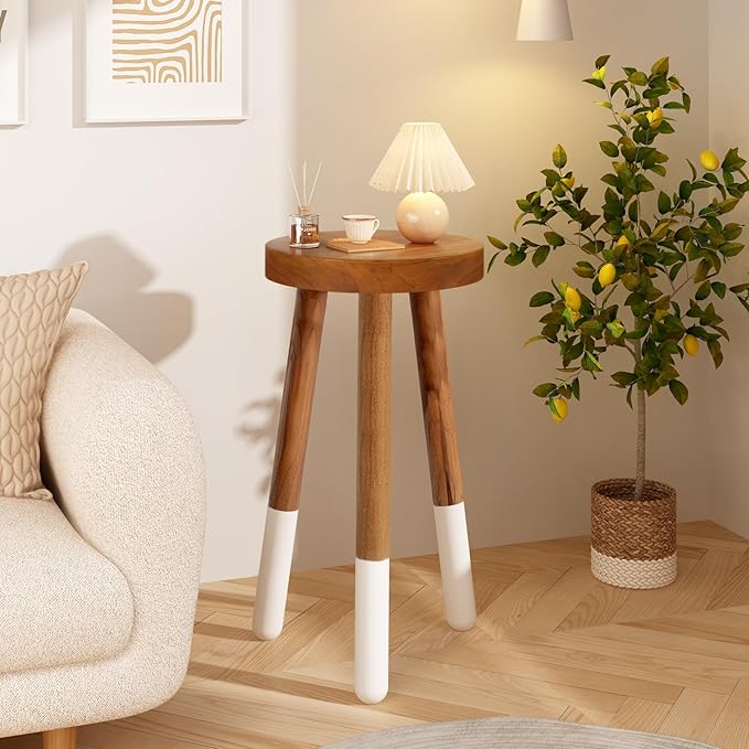 Teak 11.8" Round Dip Dyed Teak Stool | Wood Accent Side Table | Wood Plant Stand (24" Tall White)