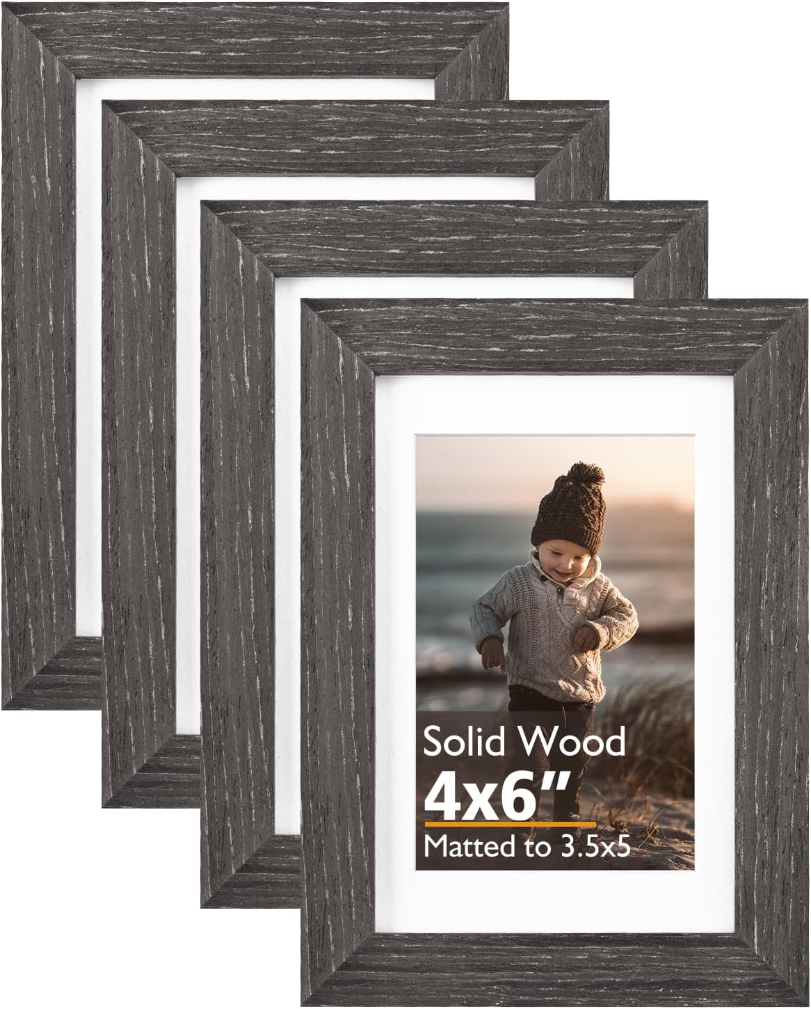 KINLINK 4x6 Frame Ash Black, Solid Wood 4 x 6 Picture Frame with Acrylic Plexiglass for 3.5x5 with Mat, Tabletop and Wall Display Photo Frames 4x6 Ash Black, 4 Pack
