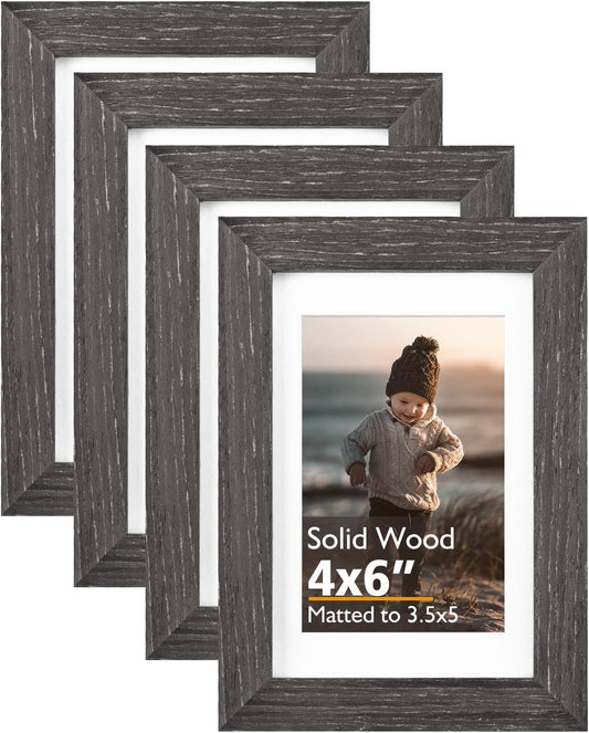 KINLINK 4x6 Frame Ash Black, Solid Wood 4 x 6 Picture Frame with Acrylic Plexiglass for 3.5x5 with Mat, Tabletop and Wall Display Photo Frames 4x6 Ash Black, 4 Pack