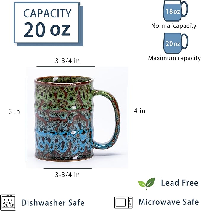 20 Oz Coffee Cups-Beer Mug, Large Ceramic Coffee Mugs, Handmade Pottery Mug, Tea Cups with Handle for Office and Home, Dishwasher and Microwave Safe (Green & Blue)