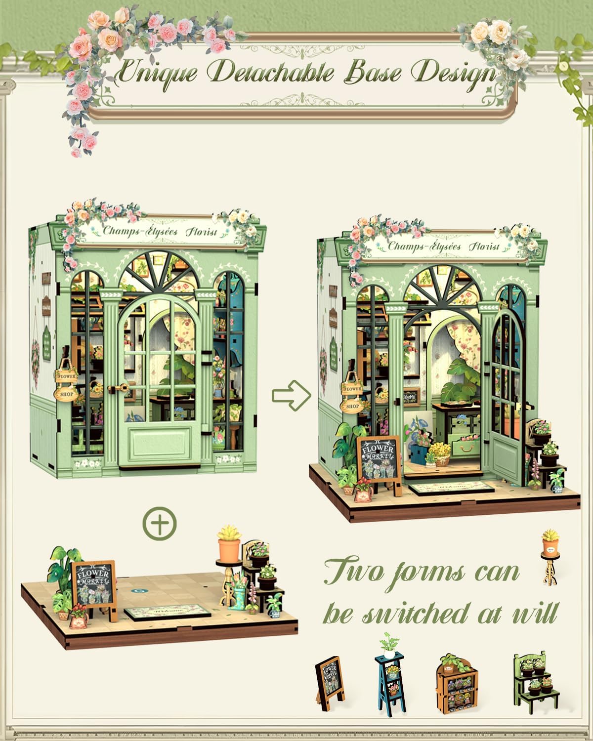 Cutefun Book Nook Kit - DIY Miniature Dollhouse Kit for Adults and Teens, French Flower Shop Mini House Building Kit with LED, 3D Wooden Puzzle for Beginner Creative Gifts (Champs-Élysées Florist)