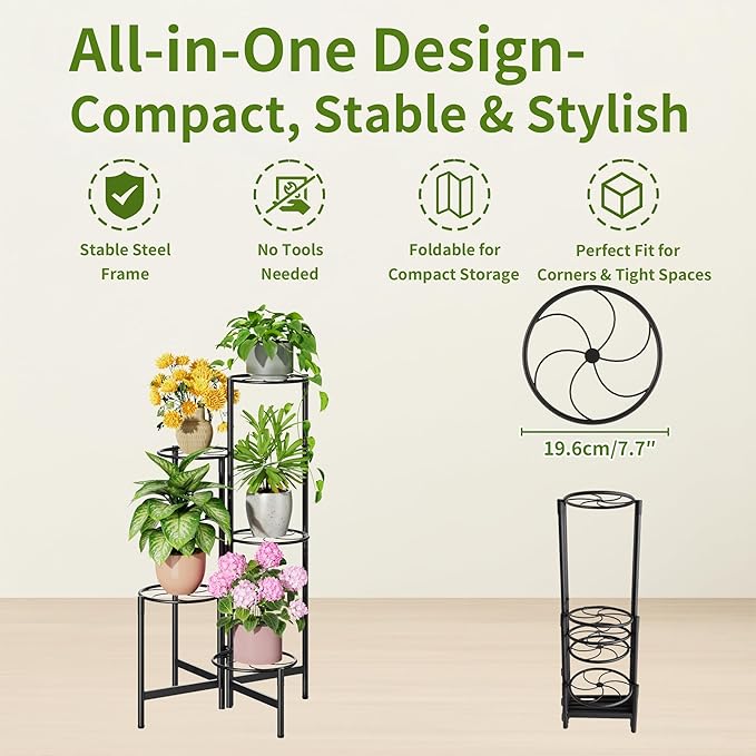Corner Plant Stand Indoor Outdoor Tall Metal Flower Pot Stands for Multiple Plants 5 Tier Heavy Duty Plant Shelf for Patio Garden Balcony Living Room Bedroom Black Kite