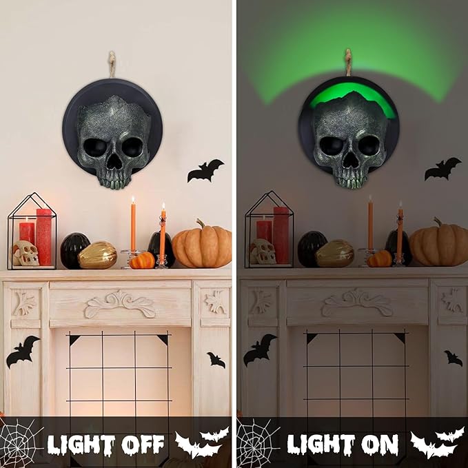 WONDER GARDEN 7.68 inch Halloween Skull Hanging Wall Decorations Light up Resin Green Gothic Skeleton Halloween Creepy Sculptures for Indoor Outdoor Office Horror Home Wall Decor