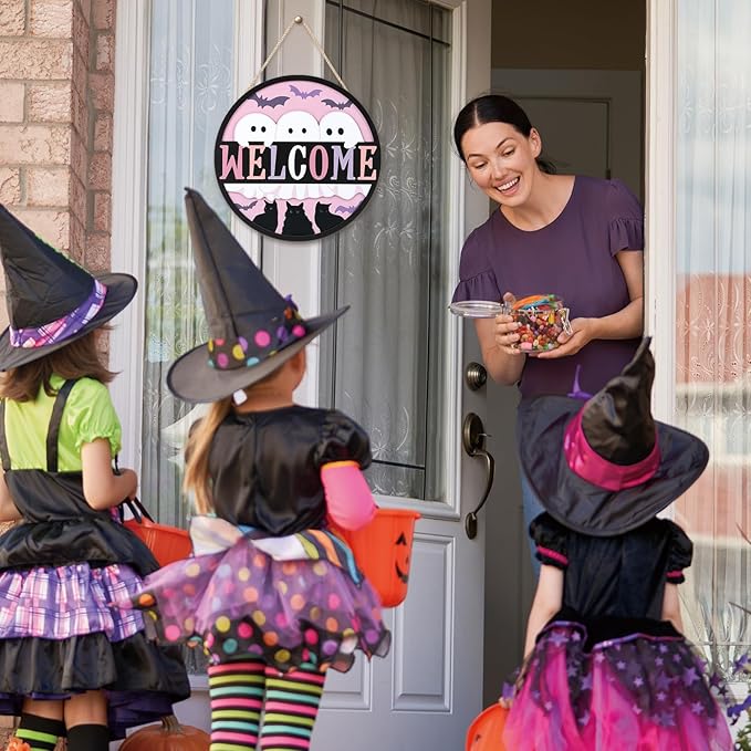 TOARTi 3D Halloween Welcome Front Door Sign Hanging(11.4x11.4''), Rustic Ghost Black Cat Bat Wall Sign Plaque, Farmhouse Halloween Wooden Wall Decor for Home Classroom Office