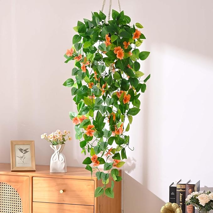 BLEUM CADE Artificial Hanging Flowers for Outdoors, 2pcs Fake Hanging Plants Pothos Vines with Orange Flowers for Wall Home Living Room Indoor Outdoor Fall Decor (No Baskets)