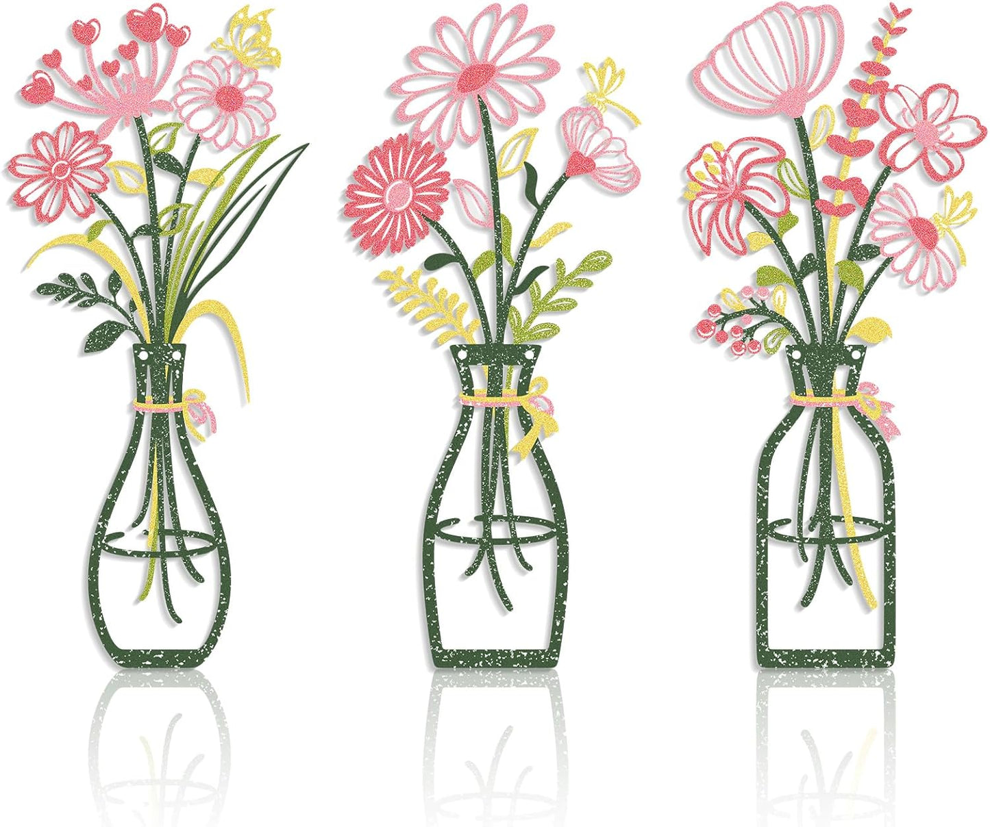 Iron Metal Vase Flower Wall Art Set of 3 - Minimalist Black Floral Decor for Living Room Bedroom Kitchen, Office Garden - Modern Farmhouse Home Decor & Housewarming Gifts (Green-Pink)