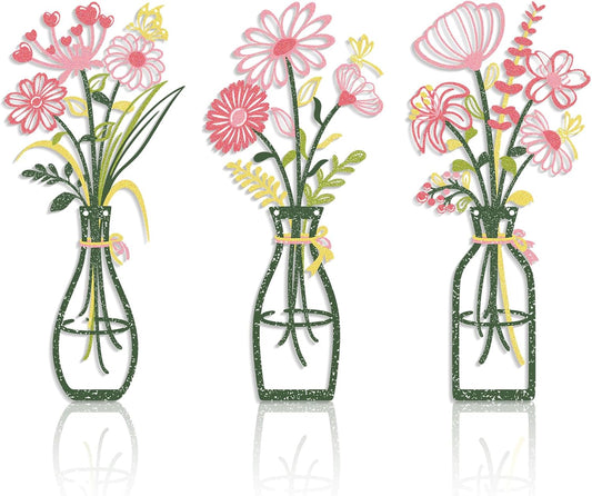 Iron Metal Vase Flower Wall Art Set of 3 - Minimalist Black Floral Decor for Living Room Bedroom Kitchen, Office Garden - Modern Farmhouse Home Decor & Housewarming Gifts (Green-Pink)