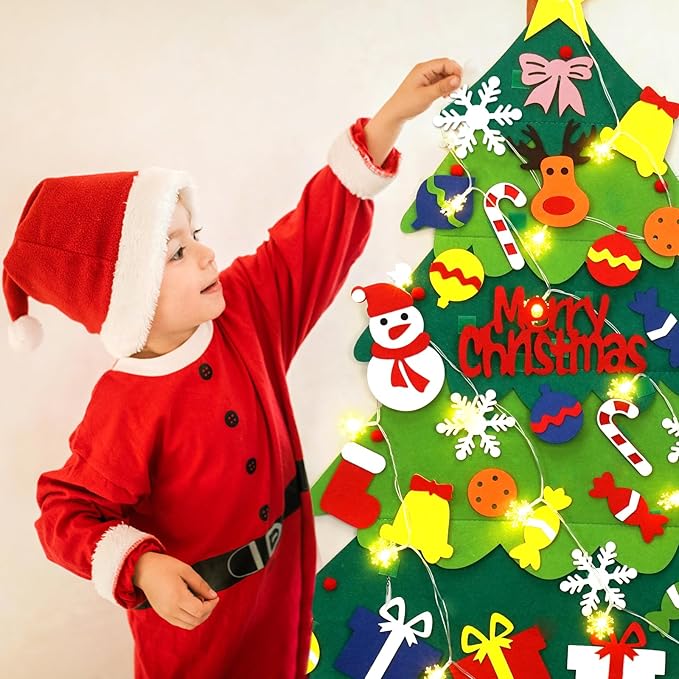 YEAHBEER Felt Christmas Tree for Kids, 3.2FT Felt Christmas Tree for Toddlers, 32 Detachable Ornaments, Toddlers Wall Hanging Decorations, Luminous Snowflake Bulb, DIY Felt Xmas Decor