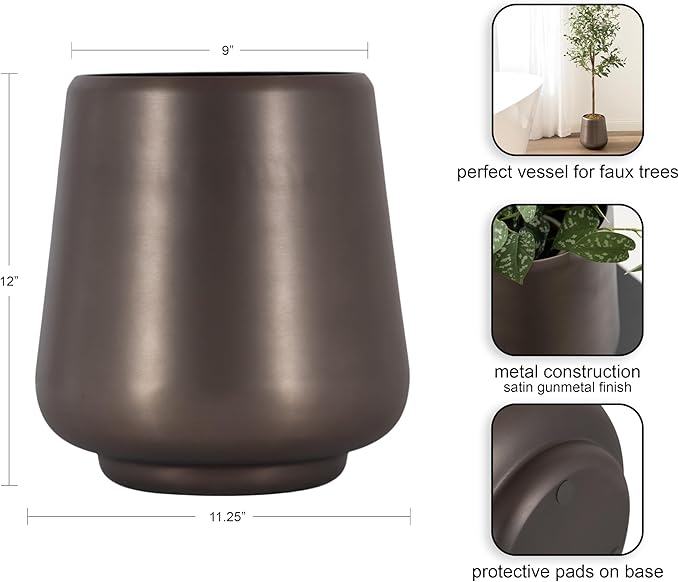 Kate and Laurel Portell Round Indoor Metal Planter Pot, 12 x 12 x 12, Gray Gunmetal, Vintage Circular Planter for Indoor Plants Living Room or Sunroom Decor