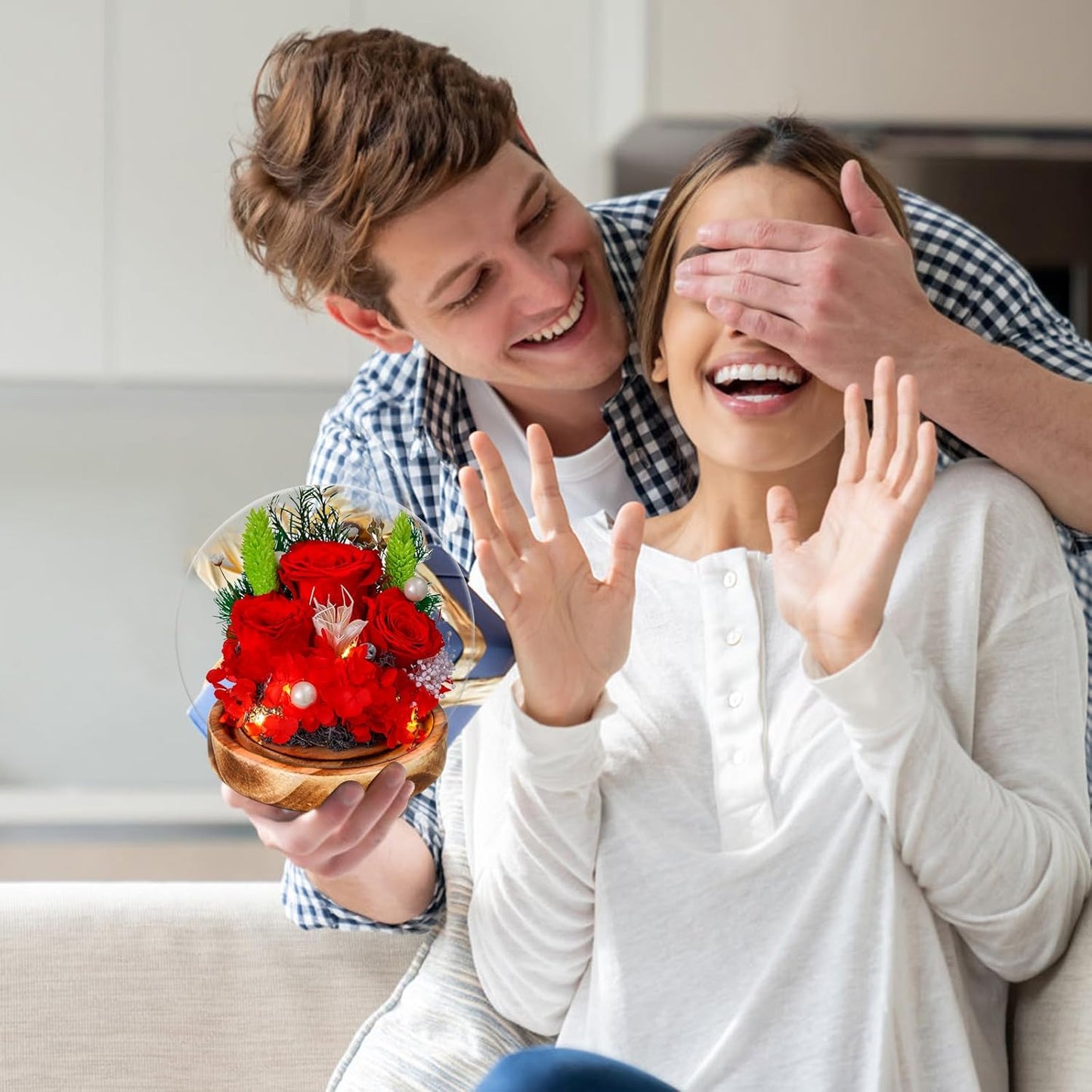 LED Preserved Real Rose Glass Dome Display, Red Roses with Pearl Accents, Wooden Base, Gift for Women Mothers Women Mom Grandma Girlfriend Wife