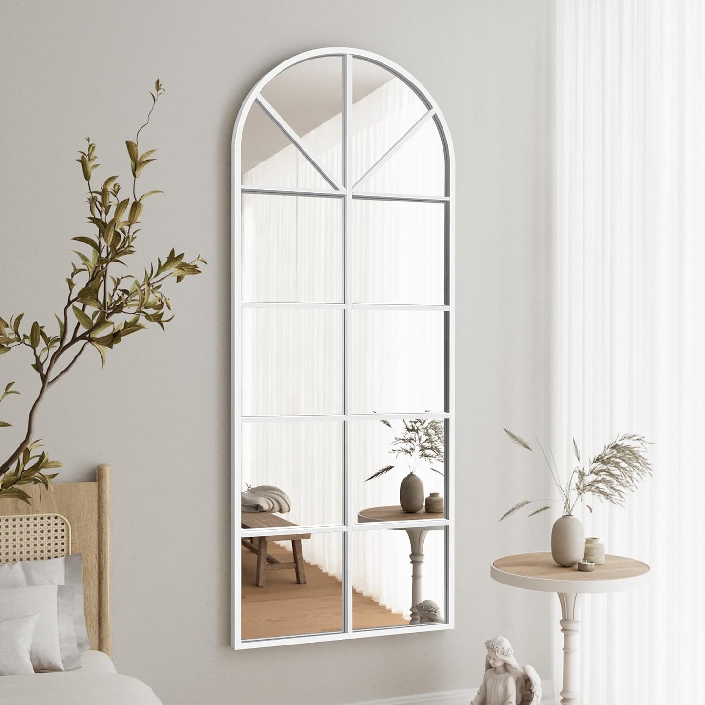 Floor Full Length Mirror, White Arched-Top Mirror Full Length, Large Window Pane Body Mirrors, 65"x22" Wall Mounted Standing Mirrors Hanging or Leaning for Bedroom, No Stand