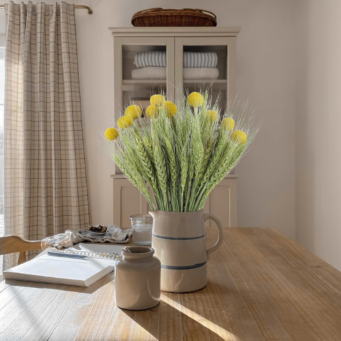 CISDUEO 60 Pcs Dried Wheat Stalks Bundle Natural Dried Flowers Craspedia Billy Balls Flowers Billy Buttons Dried Floral Bouquet Arrangements for Wedding Party Table Centerpiece Decor Farmhouse DIY