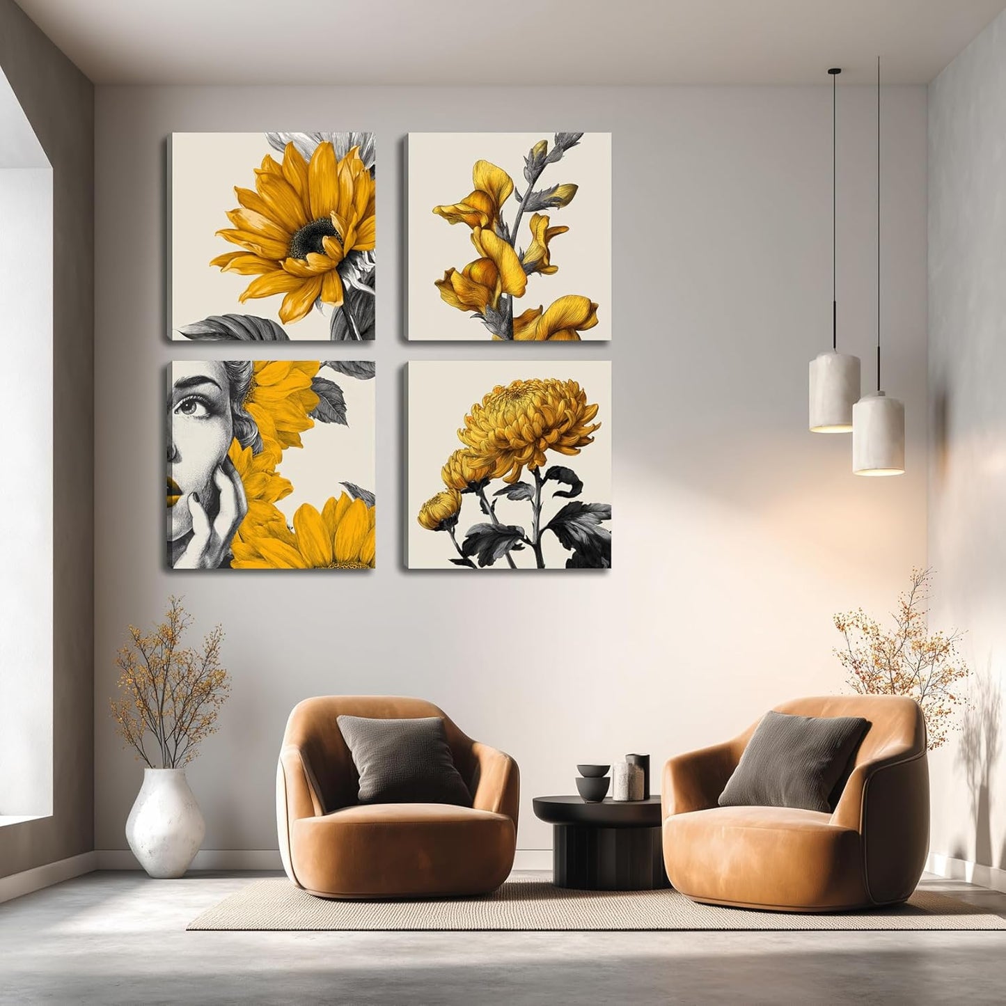 Framed Botanical Wall Art for Living Room Rustic Boho Yellow Flower Canvas Paintings Minimalist Floral Prints for Bedroom Dining Room Hallway Bathroom Office Wall Decor Artwork for Wall