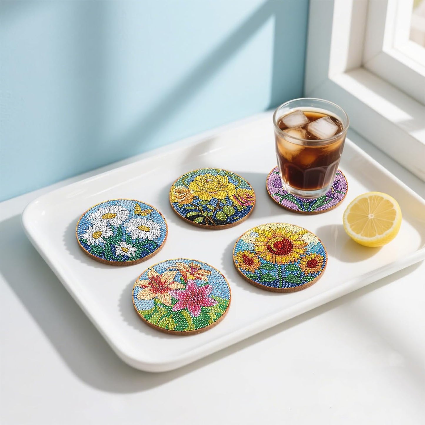 DOZEEZOP 8 PCS Flowers Diamond Art Coasters Kits, Diamond Painting Coasters with Holder and Cork Pads, Diamond Art Kits for Adults Beginners, Arts and Crafts Coaster Home Decor