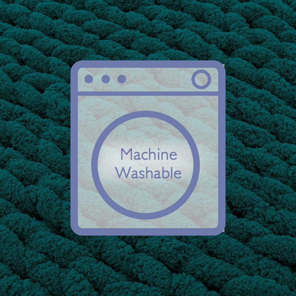 Bigacogo Chunky Knit Throw Blanket for Couch, 40x40 inches, 100% Hand Knitted with Thick Jumbo Chenille Yarn, Cozy Soft Large Rope Knot Cable Crochet Blankets for Sofa Bed Living Room, Dark Green