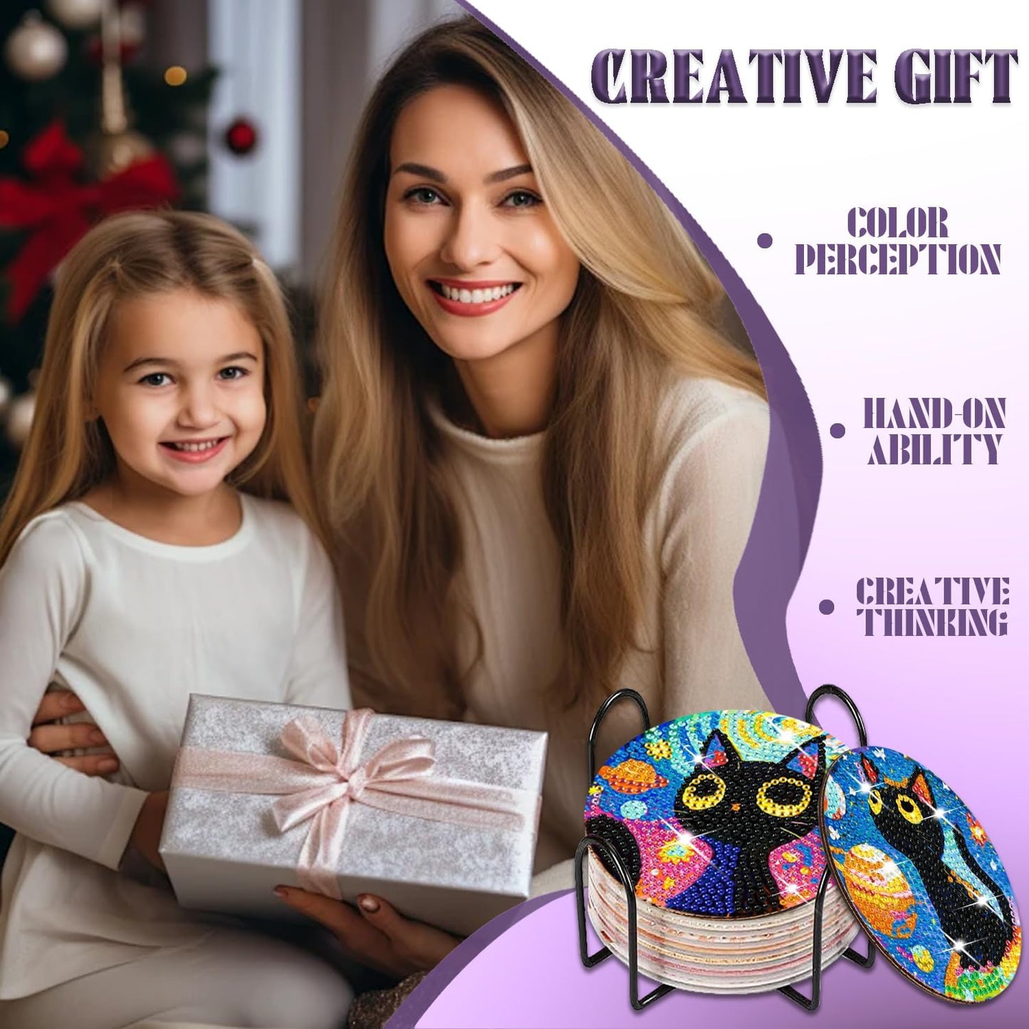 DOZEEZOP 6 PCS Diamond Art Coasters Kit, Cat Diamond Painting Coasters with Holder, Fall Diamond Art Kits for Adults Beginners, Arts and Crafts Supplies Black Astral Cat Animals