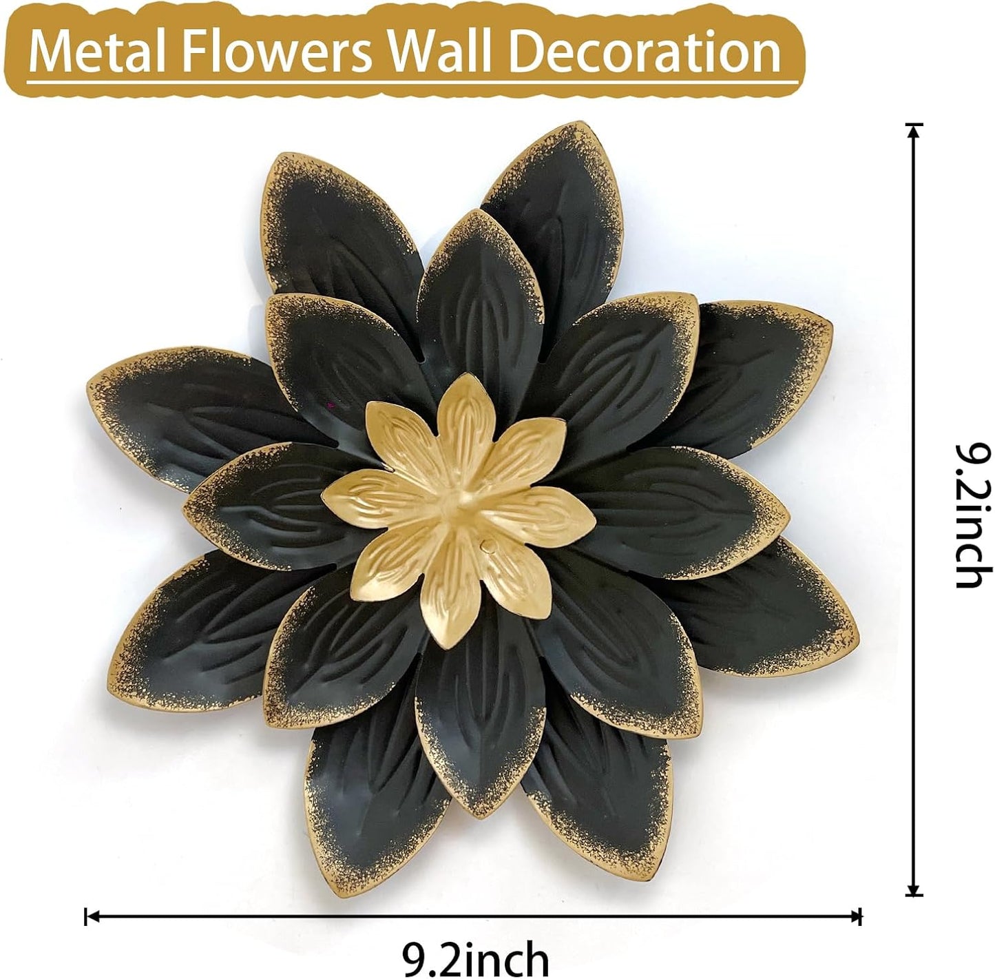 LIFFY 9.2“ Black and Gold Metal Flower Wall Art, Modern Rustic Floral Decor for Indoor Living Room Bedroom Office Outdoor Garden Patio Yard