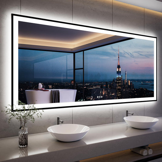 ISKM Framed LED Mirror for Bathroom 84"x40", Dimmable LED Bathroom Mirror with Lights, Anti-Fog, Front and Backlit Lighted Mirror 3-Colors, Shatterproof, Memory Function