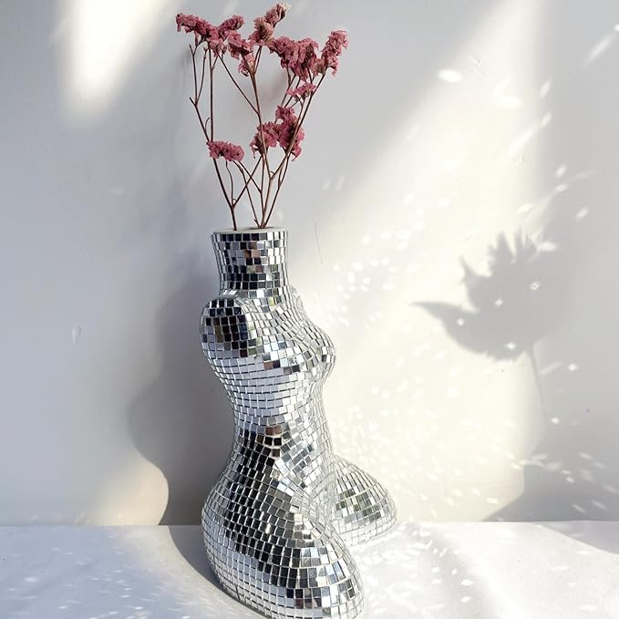 Modern Chic Vase, Handmade Ceramic Disco Flower Vase for Office Bedroom Living Room, Modern Bohemian Home Decoration,Silver,4x2.8x5.7inches