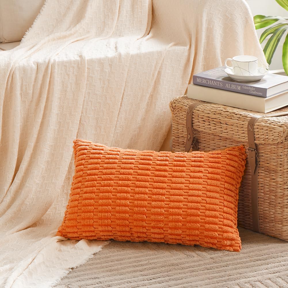 Fancy Homi 4 Packs Orange Fall Decorative Throw Pillow Covers 12x20 Inch for Couch Living Room Bed Sofa, Halloween Pumpkin Autumn Home Decor, Soft Cute Plush Corduroy Striped Cushion Case 30x50 CM