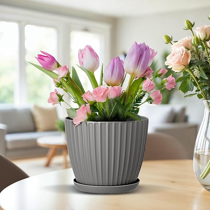 Gray 6-Inch Plant Pots with Drainage & Saucers 6 Pack, Indoor & Outdoor Planters for Houseplants, Herbs, and Flowers, Durable & Weatherproof Material, Stackable, Lightweight, Minimalist Design