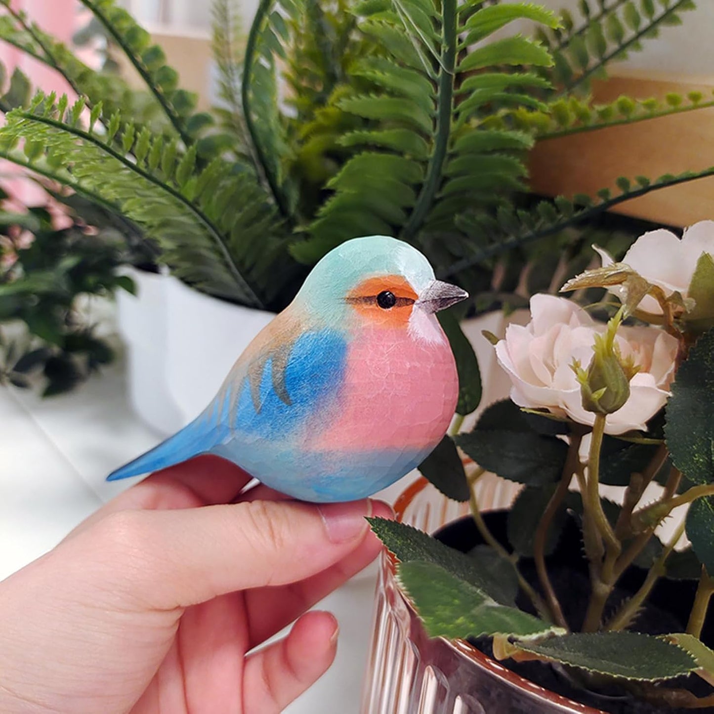 Handmade Wooden Carved Bird Decor Sculpted Hand-Painted Bird Figurines Small Home Decor Bird Statue Shelf Decor BFF Gifts for Bird Lovers(Lilac-Breasted Roller)