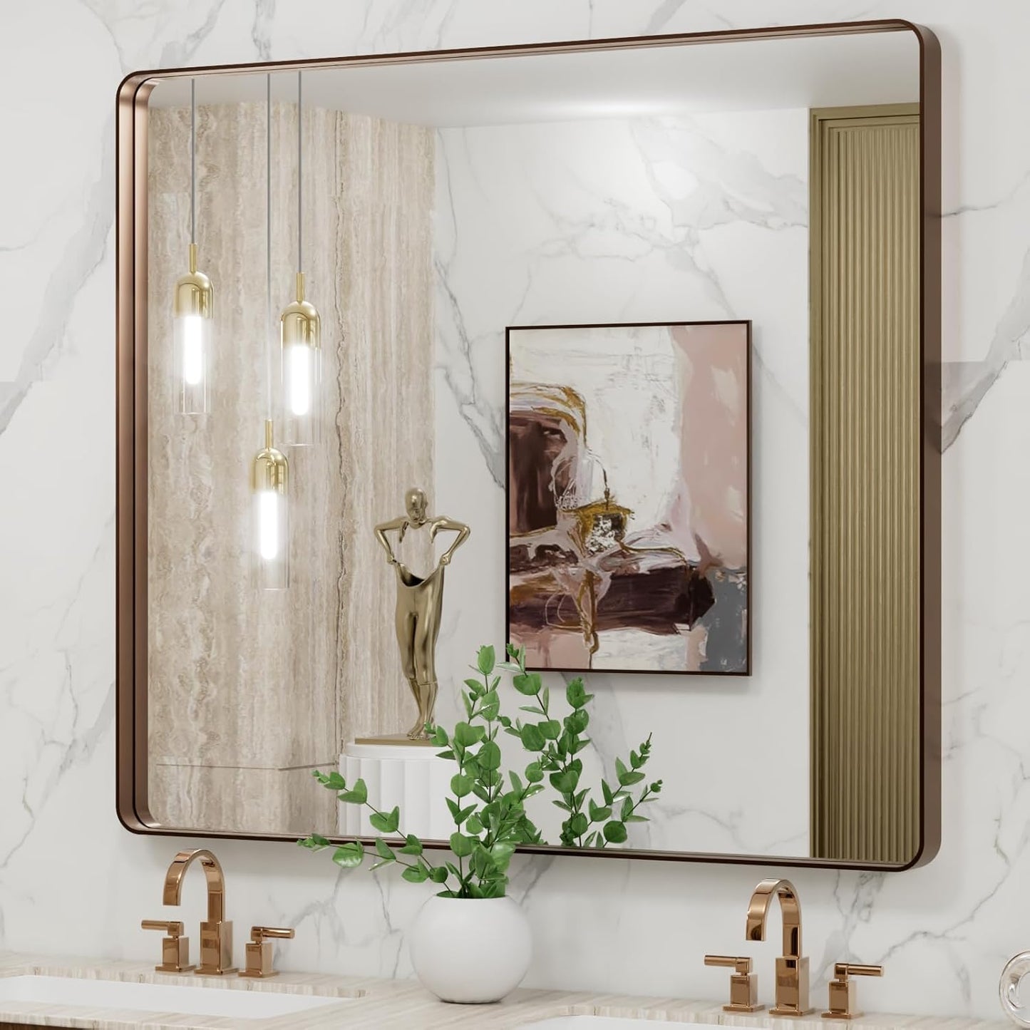 LOAAO 40”X36” Bronze Bathroom Mirrors for Vanity, Rounded Rectangle Brushed Bronze Metal Frame Mirror, Anti-Rust, Tempered Glass, Hangs Horizontally or Vertically