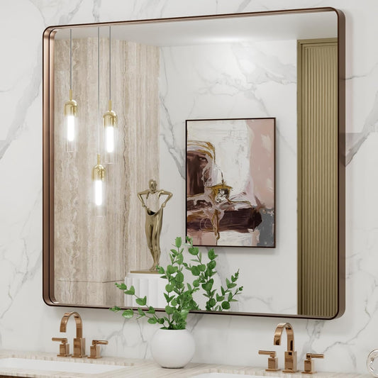 LOAAO 40”X36” Bronze Bathroom Mirrors for Vanity, Rounded Rectangle Brushed Bronze Metal Frame Mirror, Anti-Rust, Tempered Glass, Hangs Horizontally or Vertically