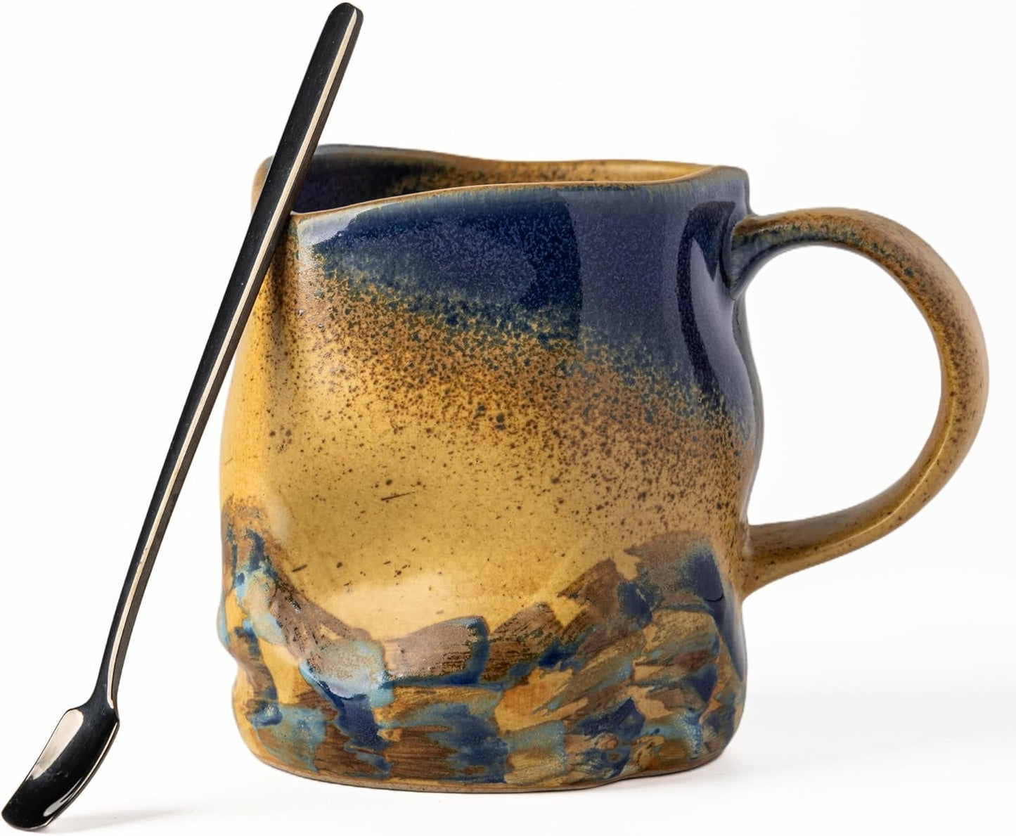 Handmade Ceramic Coffee Mugs, Mugs with Coffee Spoon, 11oz, Handmade Pottery Mug with Handle, Hand-painting, Unique Uneven Surface Tea cups, Dishwasher and Microwave Safe (Yellow)