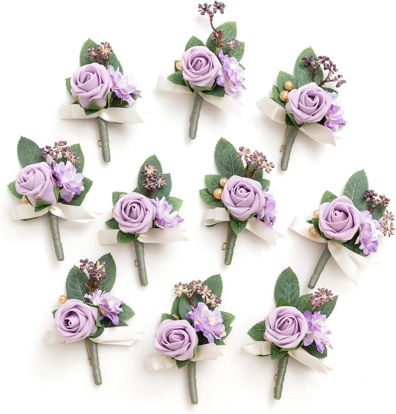 Ling's Moment Boutonniere for Men, 10pcs Groomsmen Guest Boutonniere, Artificial Flowers for Wedding Décor/Prom/Homecoming,etc.Purple Lilac
