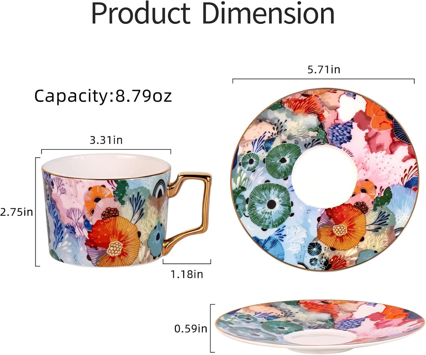 KAMMAK Tea Cups and Saucers Set of 2, Fine Bone China Coffee Cups, 8.5-Ounce Stackable Espresso Mugs, Ceramic Demitasse for Coffee, Cappuccino, Latte, Americano, Tea, Floating World