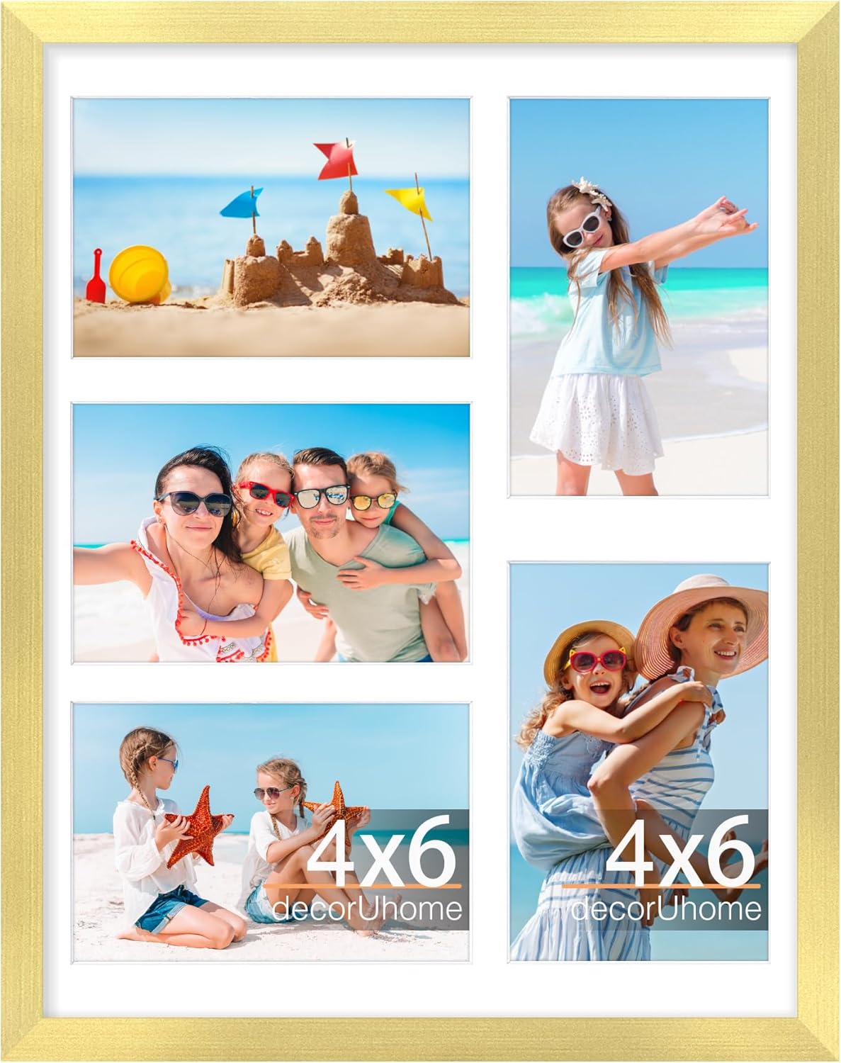decorUhome 11x14 Picture Frames Collage Wall Decor, Display 5Pcs 4x6 Photos with Mat or 1Pcs 11x14 Unmatted, 5 4x6 Collage Picture Frames for Wall Mounting, Gold