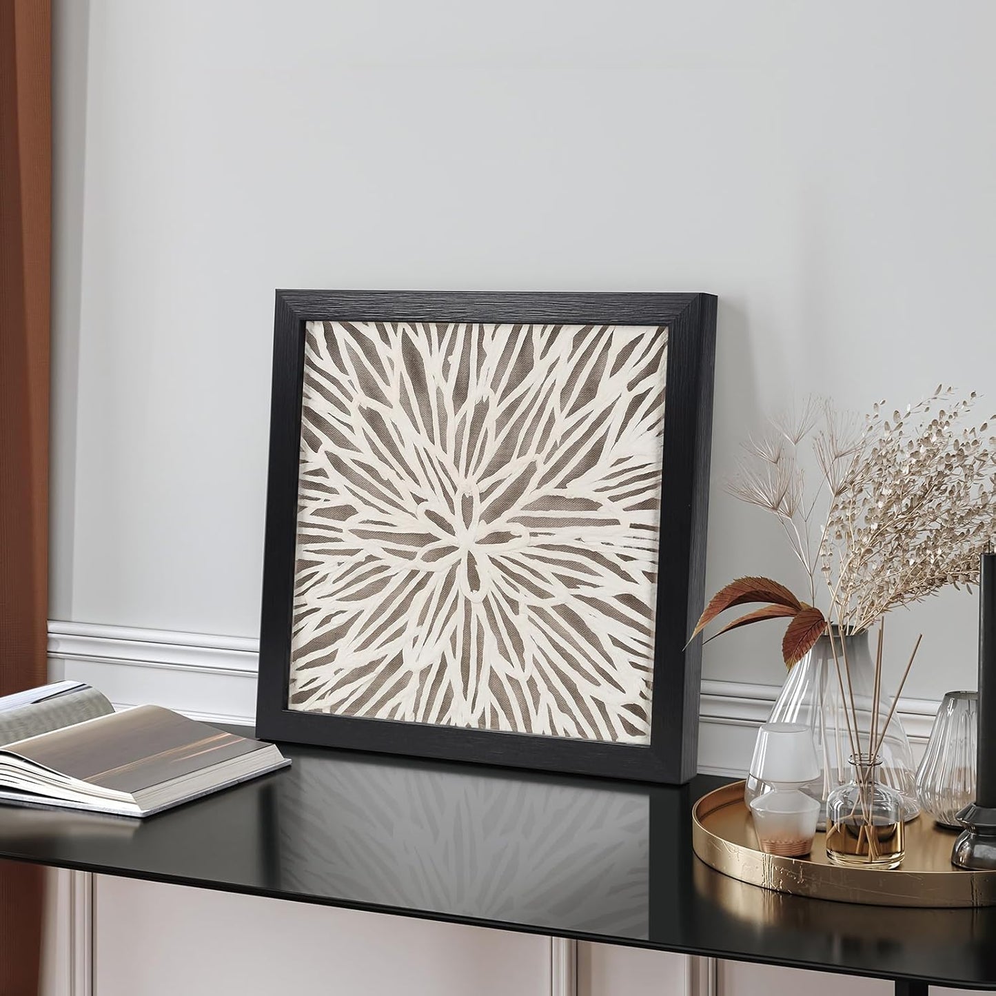 FOLKOR Framed Wall Art Black and White for Rustic Farmhouse Home Decor, 12" Rice Paper Neutral Wall Art Hanging Sculpture, Abstract Floral Artwork for Entryway Fireplace Above Bed Tv Accent