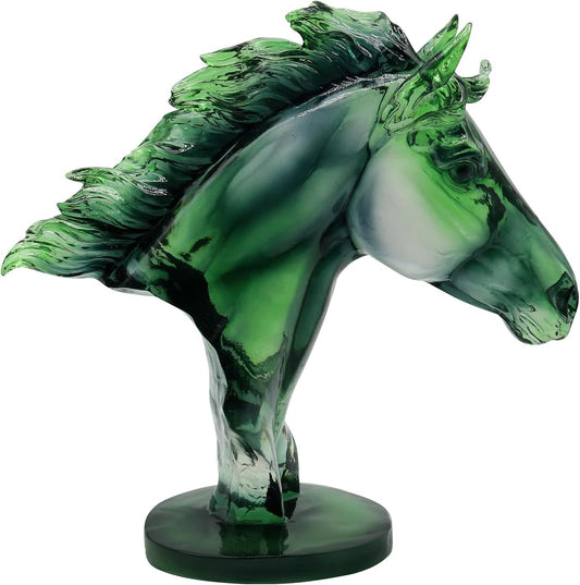 Lukitas Green Horse Head Statue - Modern Abstract Home Decor Sculpture, Elegant Living Room Office Accent Piece, Handcrafted Art Glass-Like Ornament, Transparent Resin 12''