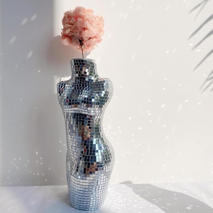 Modern Chic Vase Form, Centerpieces 7 inch Silver Handmade Ceramic Disco Shaped Vase, Creative Disco Floral Vases for Flowers Plant Boho Home Art Decor, 3x2.4x7inches