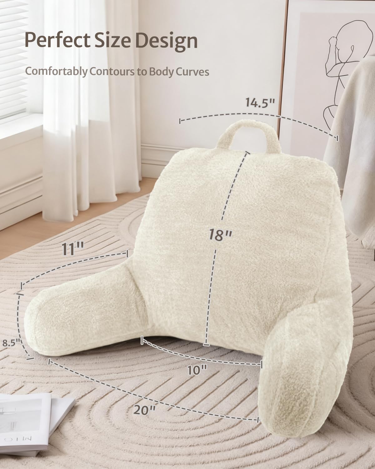 Blissful Diary Plush Velvet Reading Pillow for Kids/Teens/Adults, Back Rest Pillow for Sitting Up in Bed with Shredded Memory Foam, Includes Arms and Washable Cover, Off White