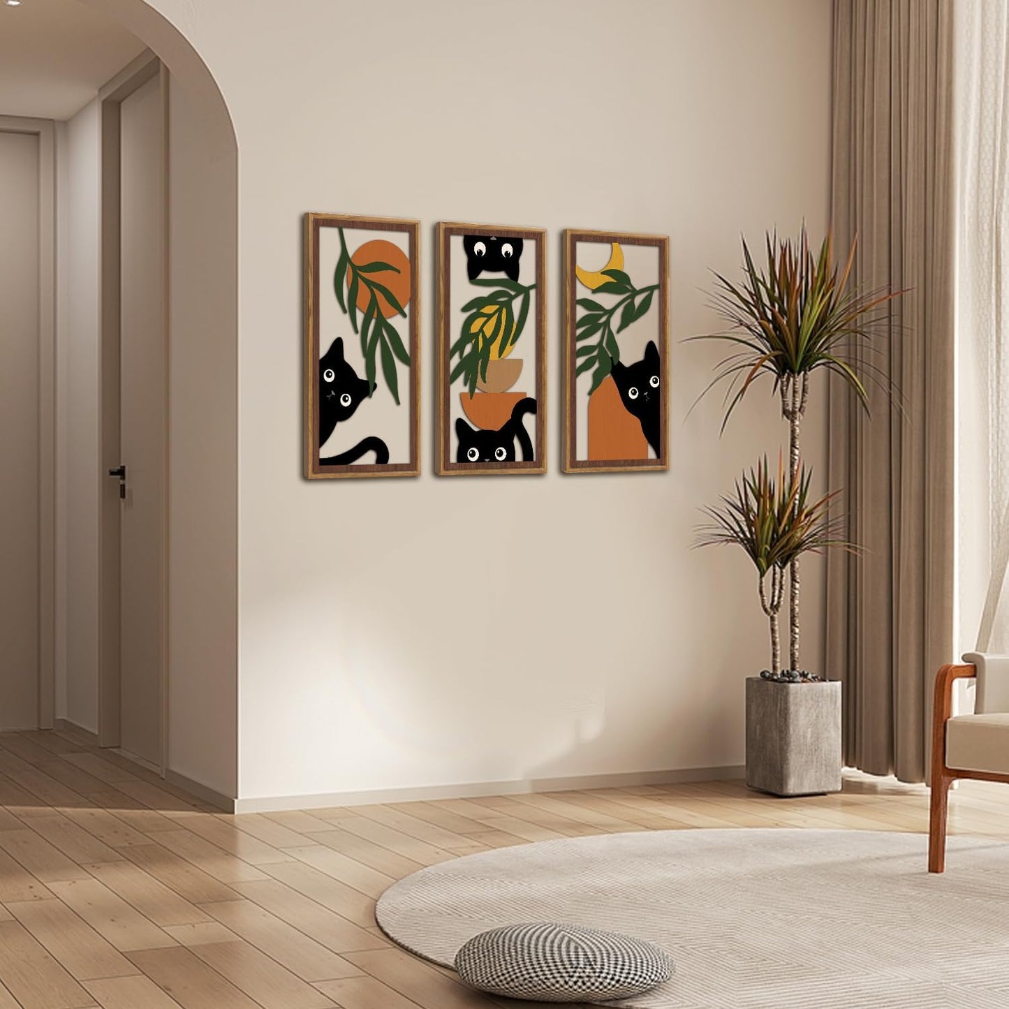 KAIRNE Boho Black Cat Wall Art,Green Leaves Wood Wall Decor Set of 3(16”X8”),Farmhouse Geometric Wooden Cat Wall Decor,Mid-Century Bohemian Moon Sun Design for Friends Family Bedroom Living Room Decor