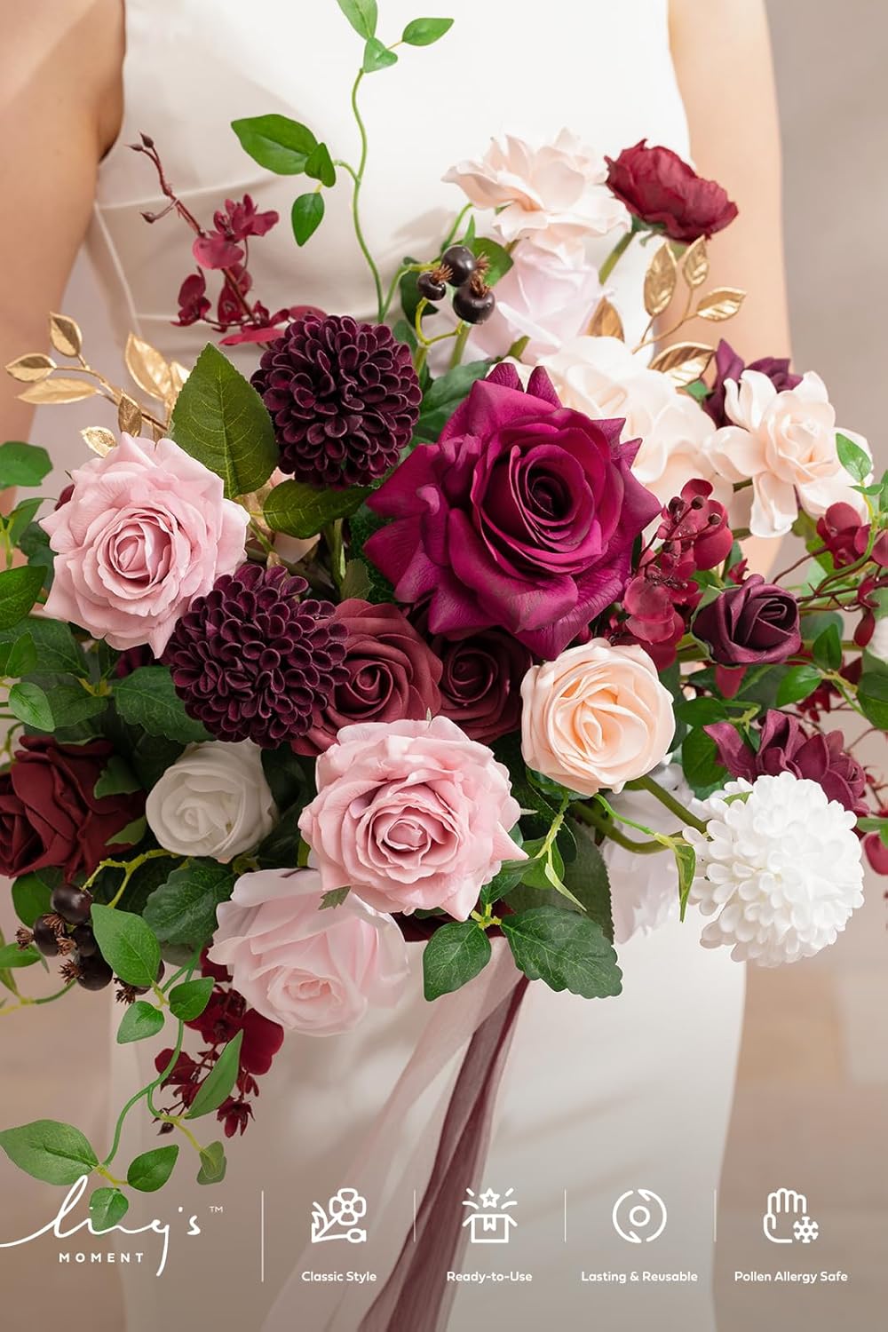 Ling's moment Burgundy Wedding Bouquets for Bride, Marsala Bridal Bouquets for Bride, 17 Inch Free Form Artificial Wedding Flower Bouquet