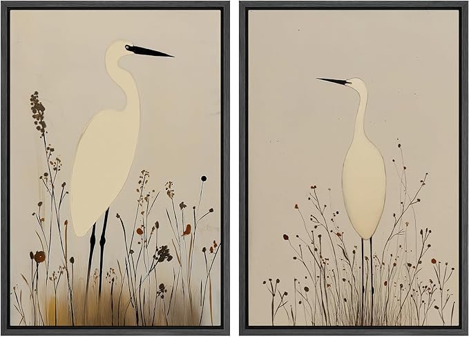 SIGNFORD Framed Canvas Print Wall Art Set Minimalist Heron Art Simplified Shapes in Neutral Tones Illustration Modern Art Decorative Nordic Nature for Living Room, Bedroom, Office - 24"x36"x2 Black