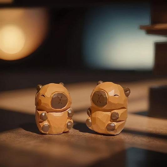 Mini Carved Wooden Capybara Figurines, 3PCS Handmade Capybara Figurine with Base Sculpture Set, Cute Capybara Statue Home Decor Art Carving Work, Desktop Ornaments, Gifts for Boys and Girls