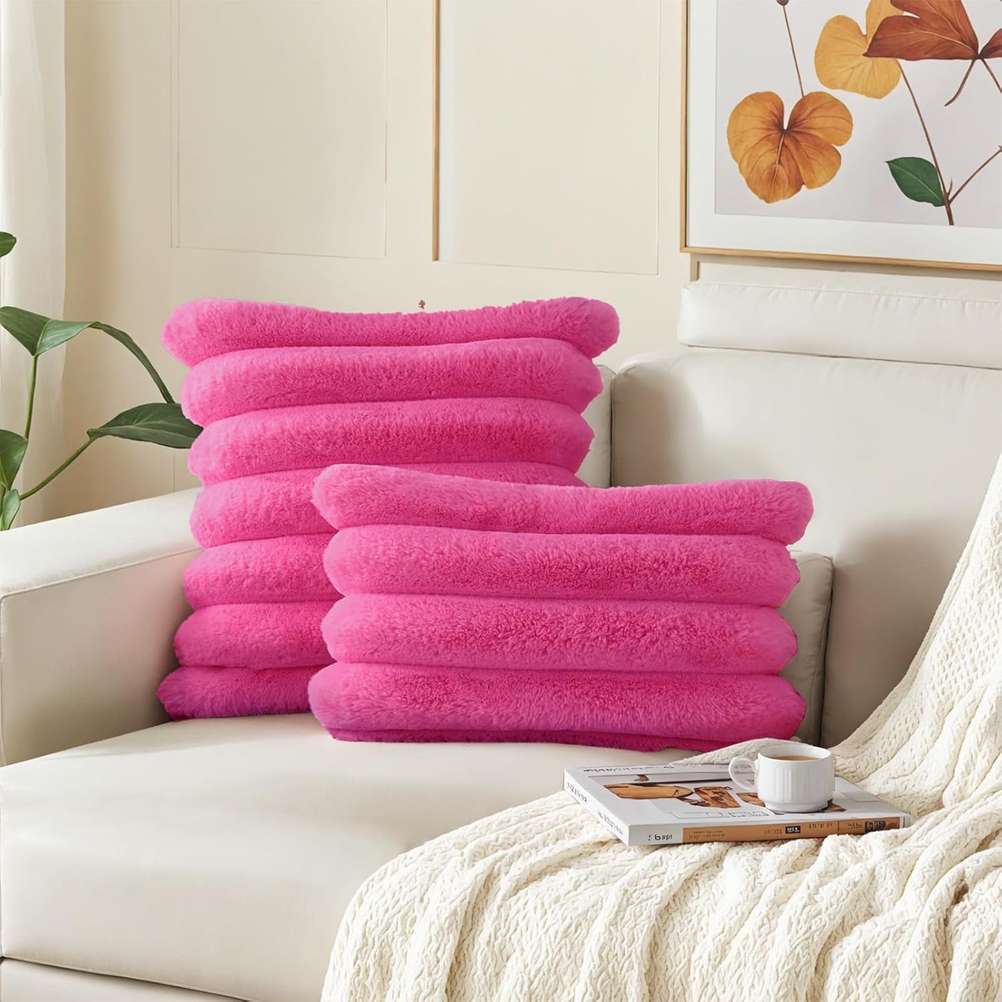 HAUSSY Faux Fur Throw Pillow Covers 20x20 Inch Set of 2,Decorative Striped Neutral Pillow Cases Soft Plush Couch Pillow Covers,Home Decor for Sofa,Bed, Living Room,Hot Pink