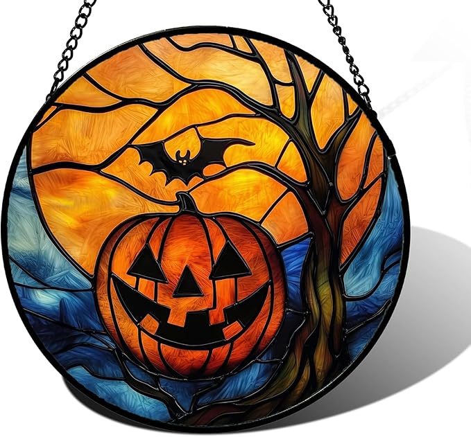 Stained Glass Window Hanging, Pumpkin Bat Moon Tree Suncatcher for Doors Home Sun Catchers Decoration and Christmas, Mother's Day Birthday Gifts for Women, Men, and Mom 11.8x11.8 in
