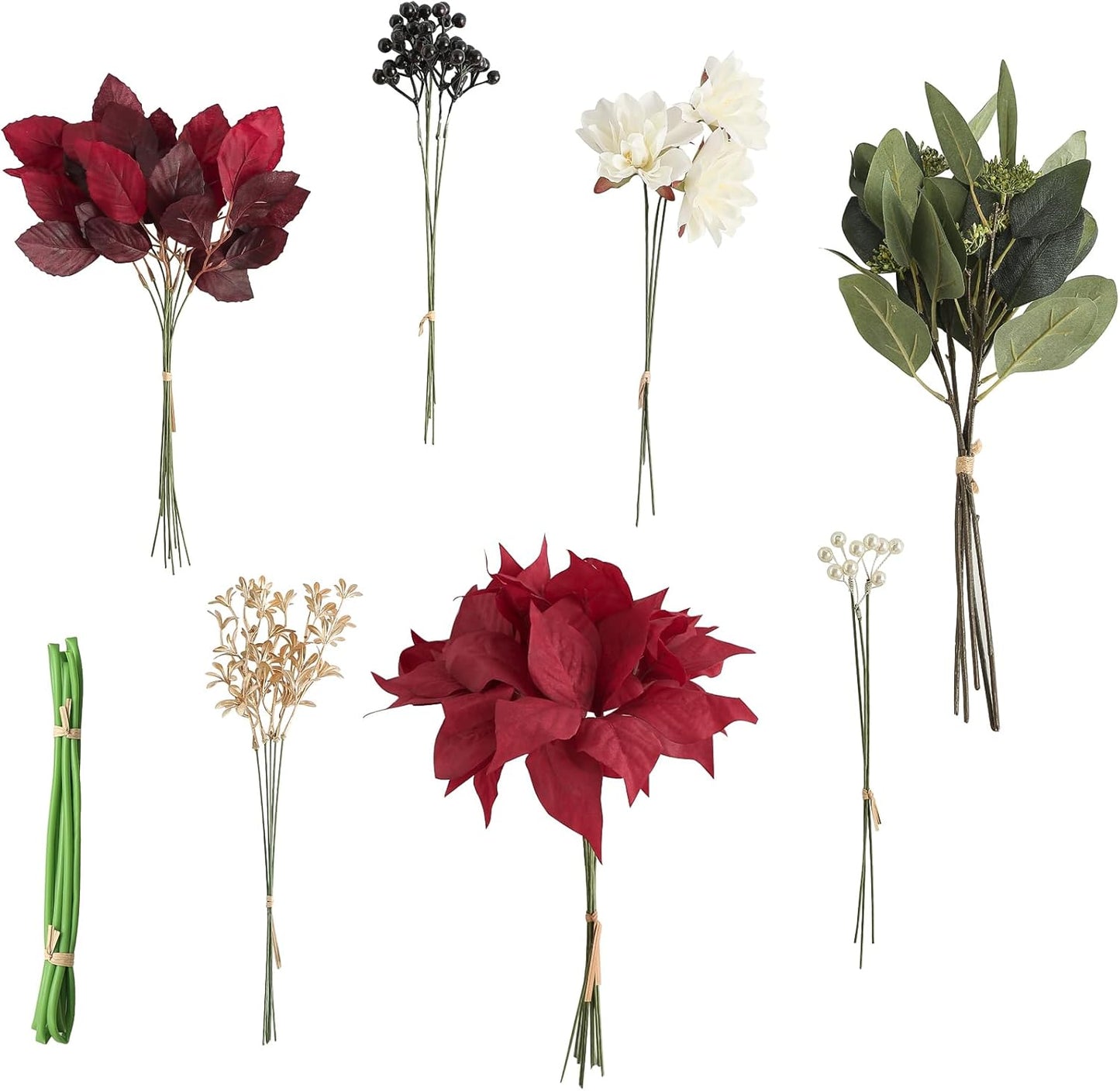 Floroom Artificial Greenery Stems Box Set, 41pcs with 7 Kinds of Faux Greenery Flowers Picks for DIY Bridal Bouquets Wedding Floral Arrangement Table Centerpieces, Marsala & Ivory